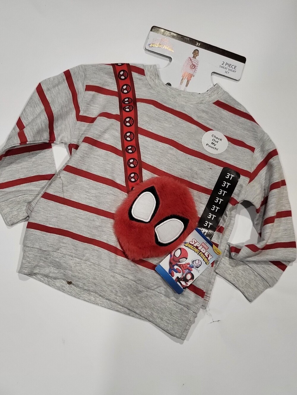 Spiderman Gray and Red Striped Kids Matching Set with Plush Bag
